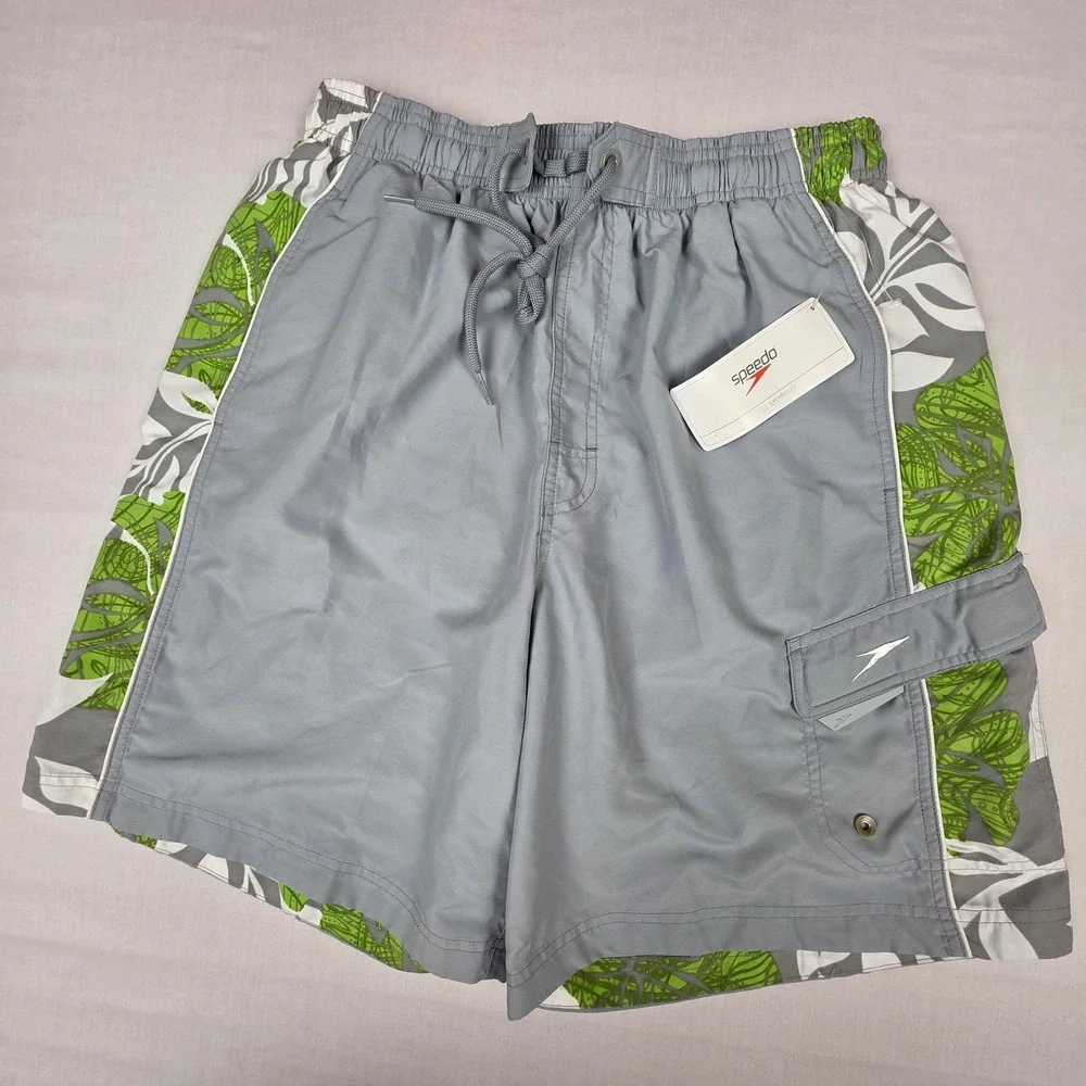 Speedo Axcelerate 7840010 Swim Trunks Men L Silver Grey Floral Cargo Polyester